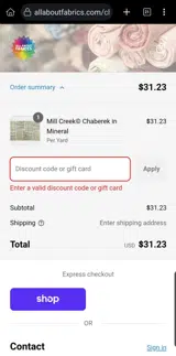 All About Fabrics coupon verification screenshot