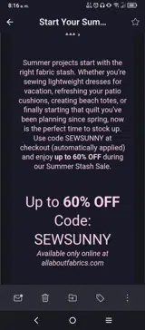 All About Fabrics coupon verification screenshot