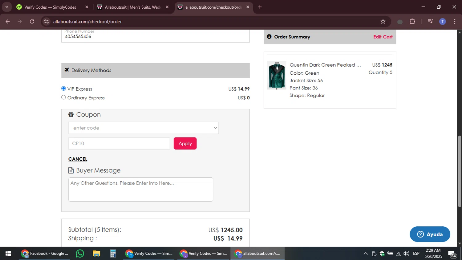 AllAboutSuit promo code screenshot showing code CP10 applied at AllAboutSuit checkout page. Uploaded by SimplyCodes community member snidertom8 on May 20, 2025