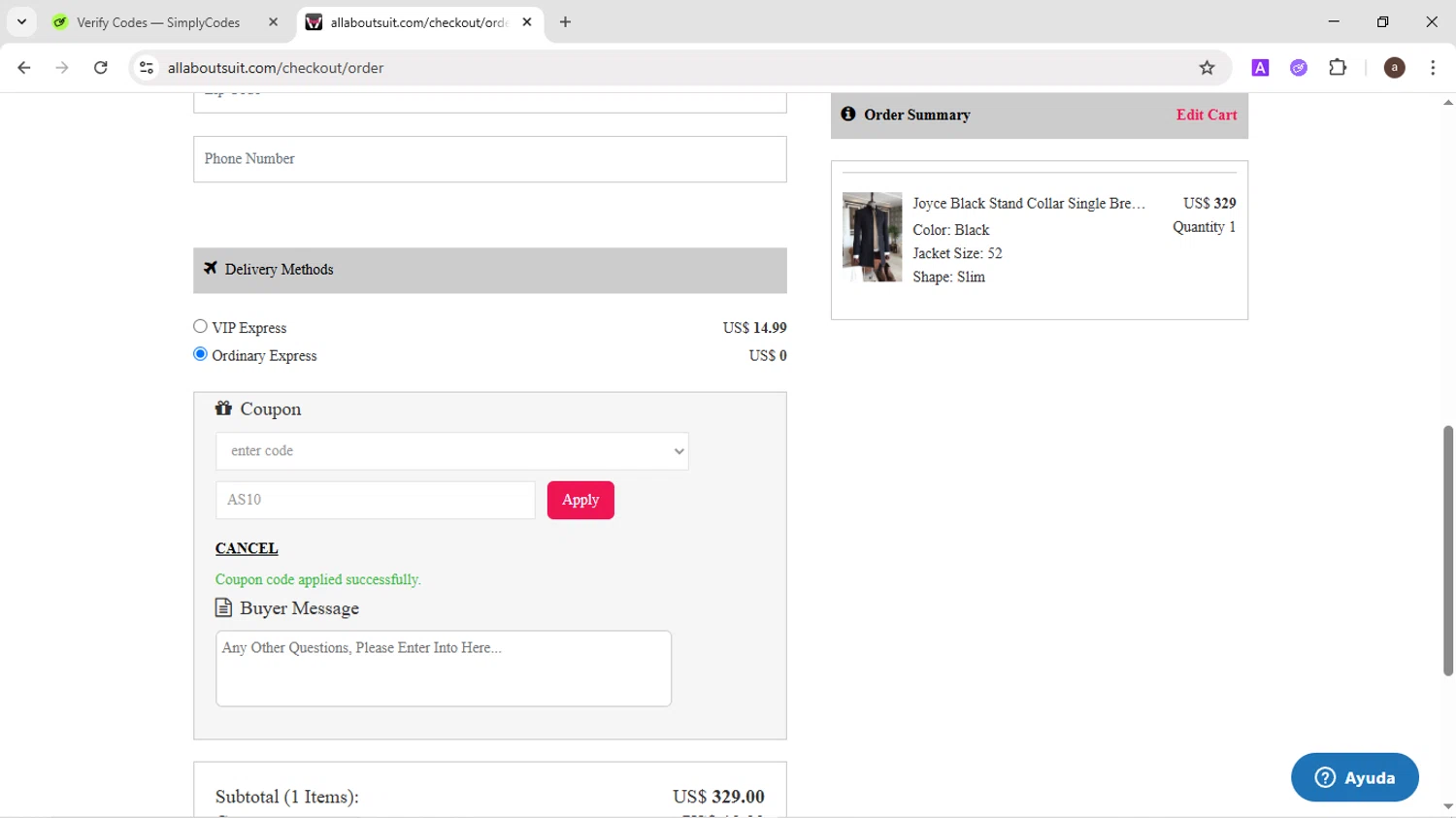 AllAboutSuit promo code screenshot showing code AS10 applied at AllAboutSuit checkout page. Uploaded by SimplyCodes community member CodeMaverick246 on Jun 20, 2025