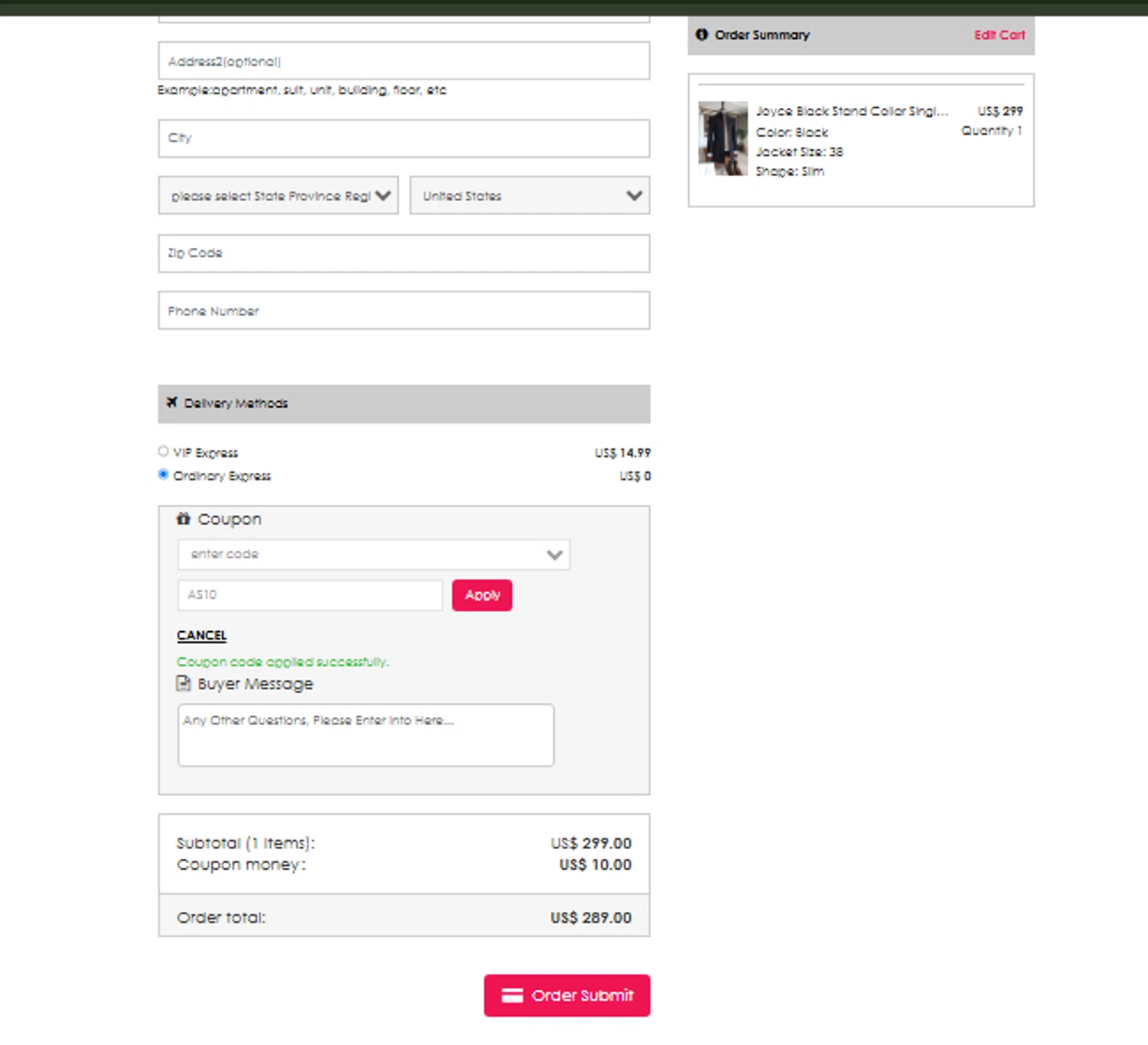 AllAboutSuit promo code screenshot showing code AS10 applied at AllAboutSuit checkout page. Uploaded by SimplyCodes community member CouponLion324 on Jun 13, 2025