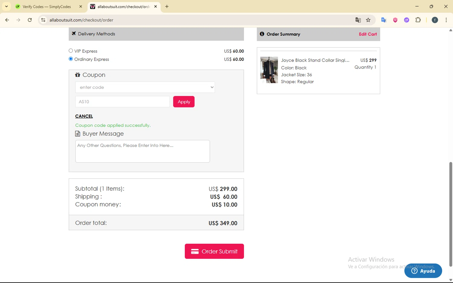 AllAboutSuit promo code screenshot showing code AS10 applied at AllAboutSuit checkout page. Uploaded by SimplyCodes community member SmartElite7457 on Jun 27, 2025