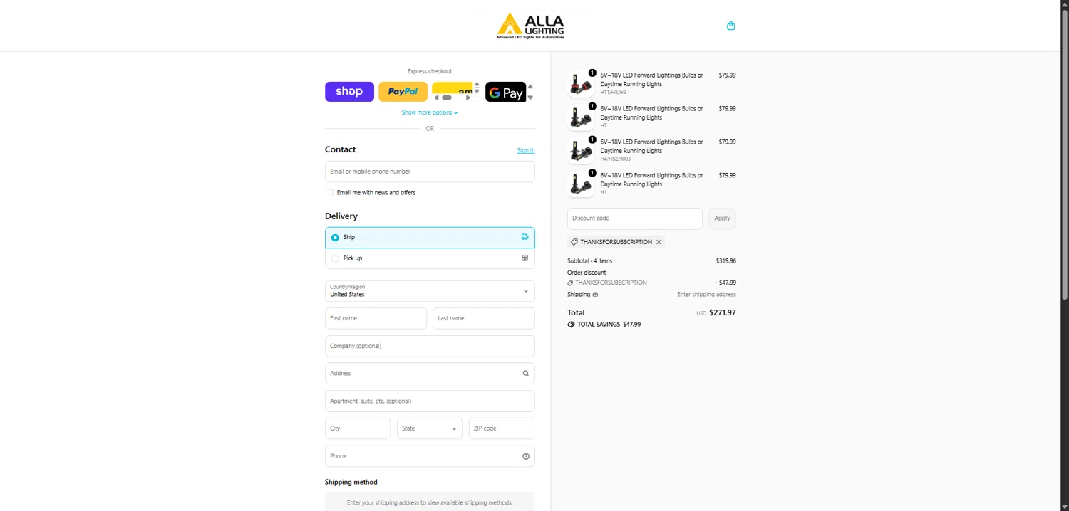 Alla Lighting promo code screenshot showing code Thanksforsubscription applied at Alla Lighting checkout page. Uploaded by SimplyCodes community member CodeAce1208 on Feb 24, 2026