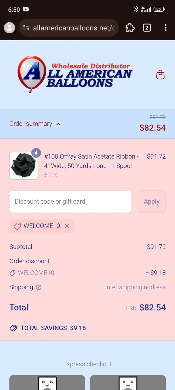 All American Balloons discount code screenshot showing code WELCOME10 applied at All American Balloons checkout page. Uploaded by SimplyCodes community member RoyalSleuth5202 on Apr 1, 2025
