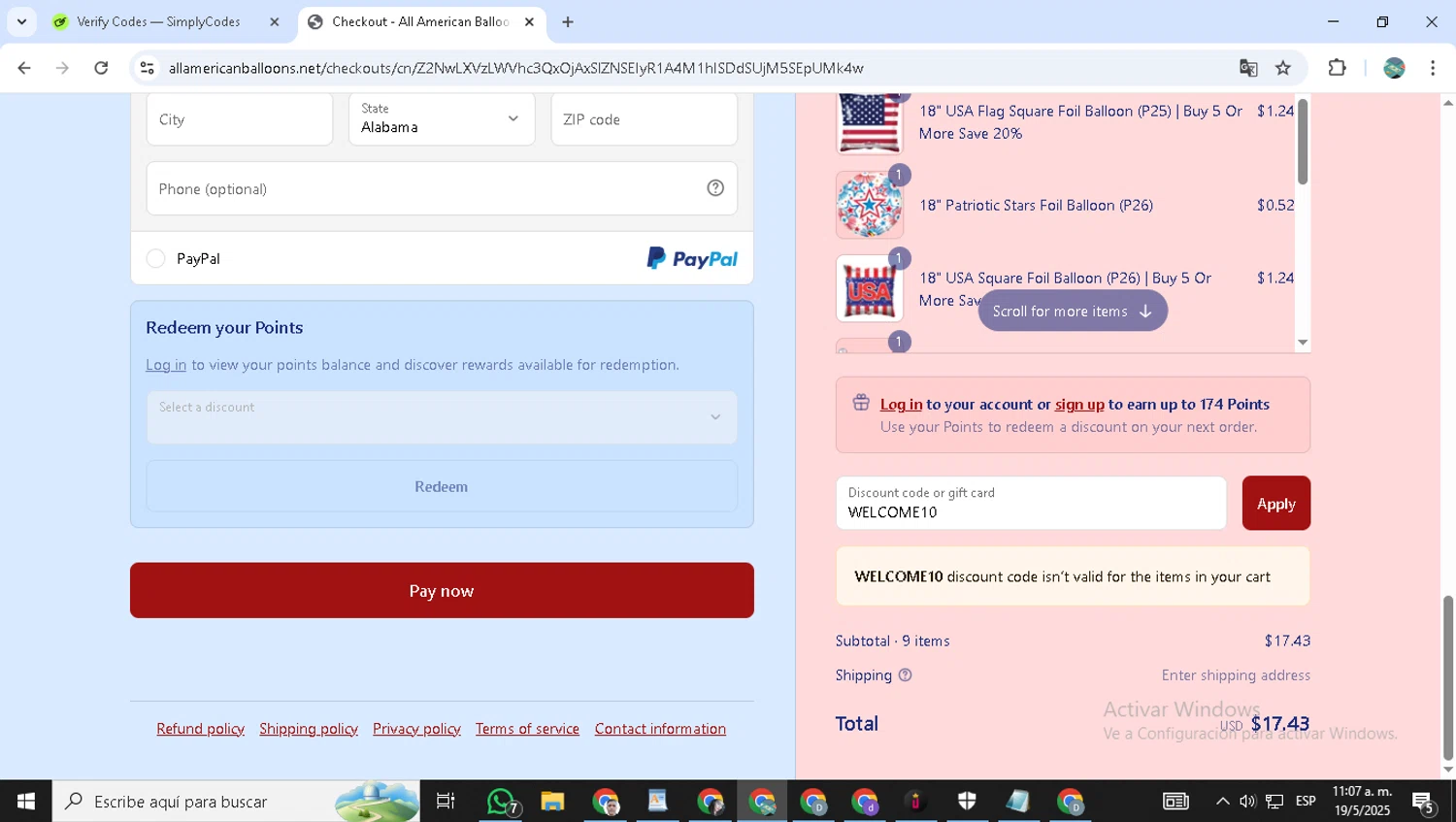All American Balloons discount code screenshot showing code WELCOME10 applied at All American Balloons checkout page. Uploaded by SimplyCodes community member ShrewdMonarch9444 on May 19, 2025