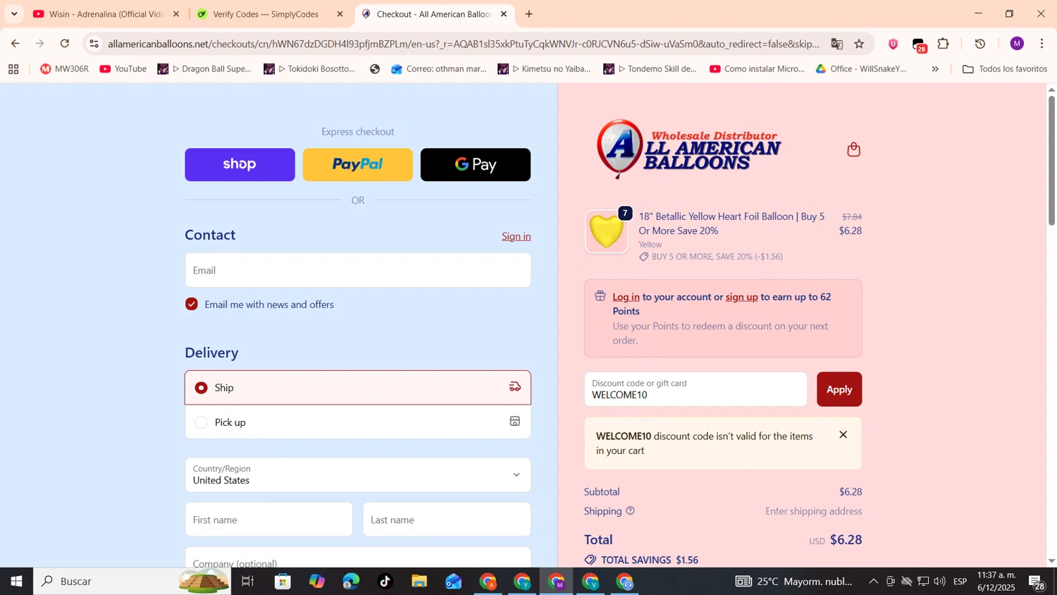 All American Balloons discount code screenshot showing code WELCOME10 applied at All American Balloons checkout page. Uploaded by SimplyCodes community member cod_gakpo on Dec 6, 2025