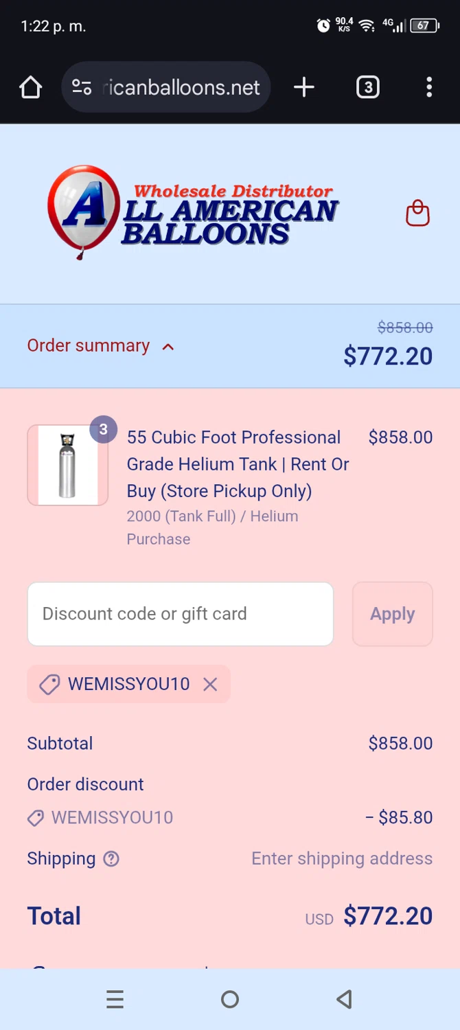 All American Balloons discount code screenshot showing code WEMISSYOU10 applied at All American Balloons checkout page. Uploaded by SimplyCodes community member Mdeoca on May 21, 2025
