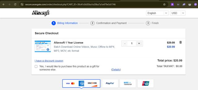 Allavsoft checkout page showing Allavsoft coupon code box | Screenshot taken by SimplyCodes community member on Jul 30, 2025