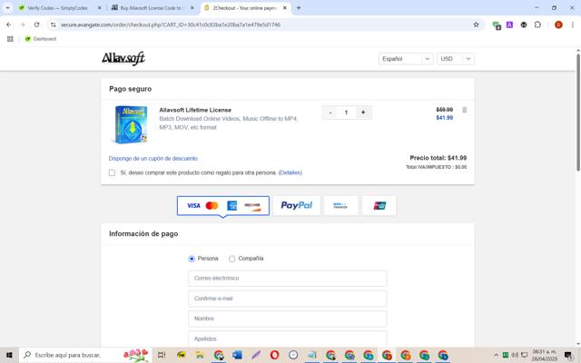 Allavsoft checkout page showing Allavsoft coupon code box | Screenshot taken by SimplyCodes community member on Apr 28, 2025