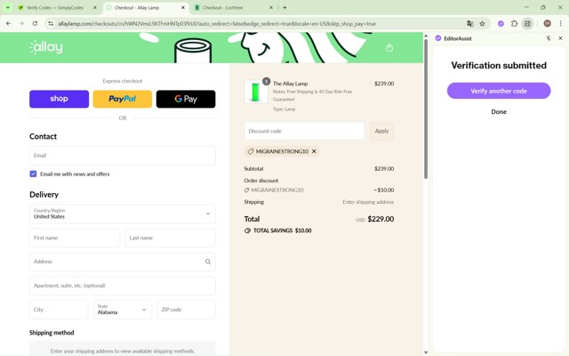 Allay Lamp checkout page showing Allay Lamp discount code box | Screenshot taken by SimplyCodes community member on Sep 2, 2025