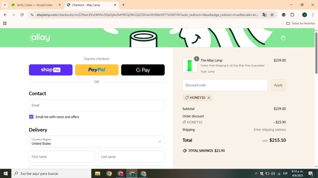 Allay Lamp checkout page showing Allay Lamp discount code box | Screenshot taken by SimplyCodes community member on Jun 4, 2025