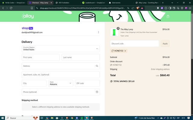 Allay Lamp checkout page showing Allay Lamp discount code box | Screenshot taken by SimplyCodes community member on Jun 4, 2025
