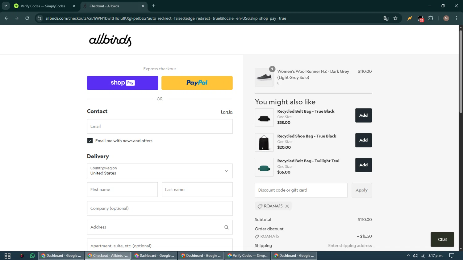 Allbirds discount code screenshot showing code ROANA15 applied at Allbirds checkout page. Uploaded by SimplyCodes community member DiscountTitan4635 on Aug 9, 2025