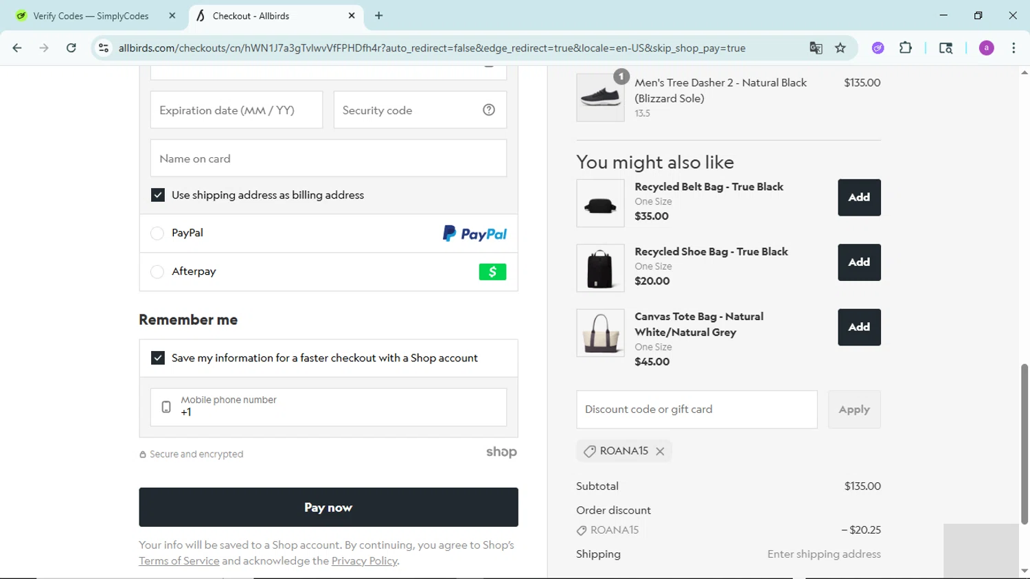 Allbirds discount code screenshot showing code ROANA15 applied at Allbirds checkout page. Uploaded by SimplyCodes community member PennyBoss9589 on Aug 1, 2025