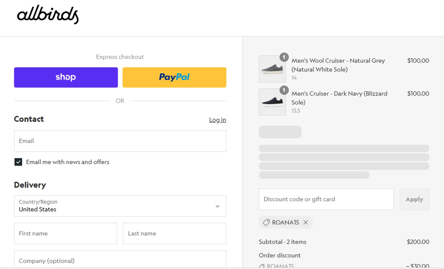 Allbirds discount code screenshot showing code ROANA15 applied at Allbirds checkout page. Uploaded by SimplyCodes community member Randy2025 on Aug 12, 2025