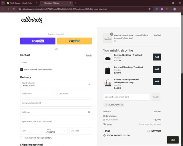 Allbirds checkout page showing Allbirds discount code box | Screenshot taken by SimplyCodes community member on Aug 26, 2025