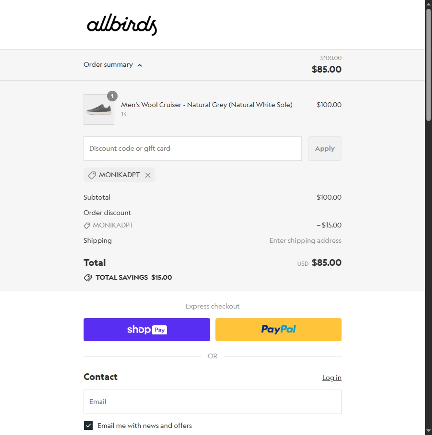 Allbirds discount code screenshot showing code MONIKADPT applied at Allbirds checkout page. Uploaded by SimplyCodes community member Sadalsuud on Aug 9, 2025
