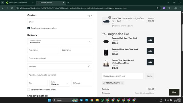Allbirds checkout page showing Allbirds discount code box | Screenshot taken by SimplyCodes community member on Aug 27, 2025