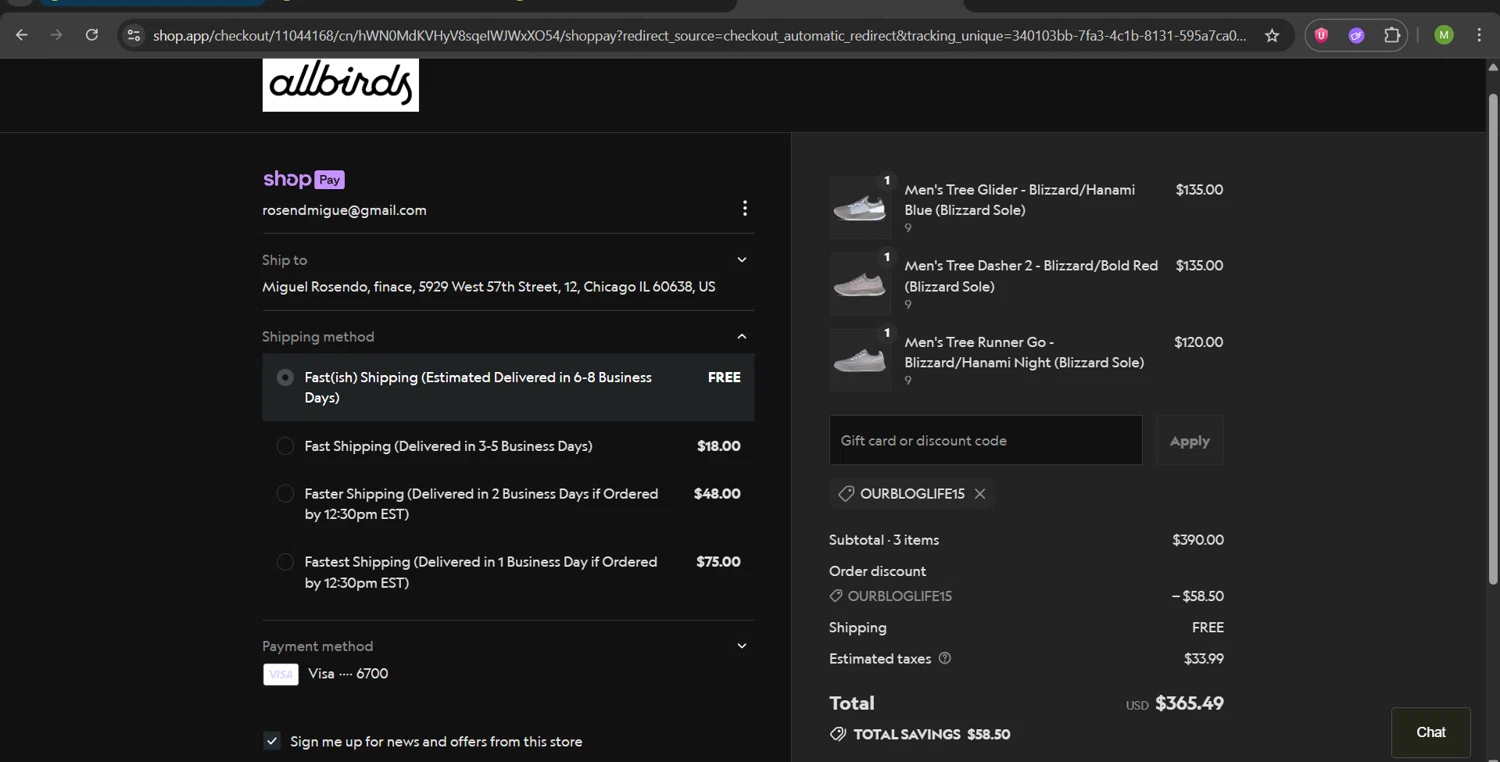 Allbirds discount code screenshot showing code OURBLOGLIFE15 applied at Allbirds checkout page. Uploaded by SimplyCodes community member ScanHunter7116 on Jul 8, 2025