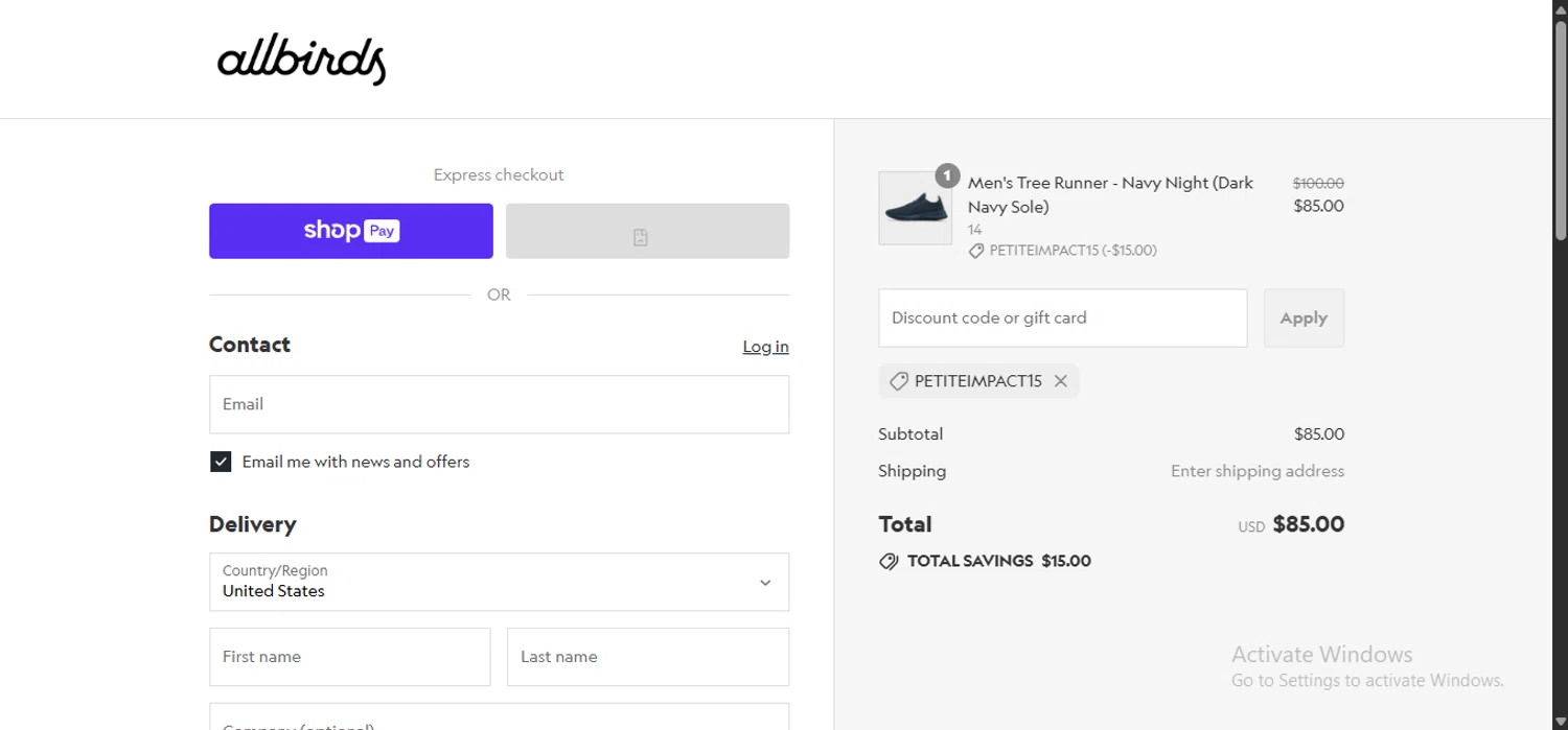 Allbirds discount code screenshot showing code PETITEIMPACT15 applied at Allbirds checkout page. Uploaded by SimplyCodes community member anosesmith on Aug 27, 2025