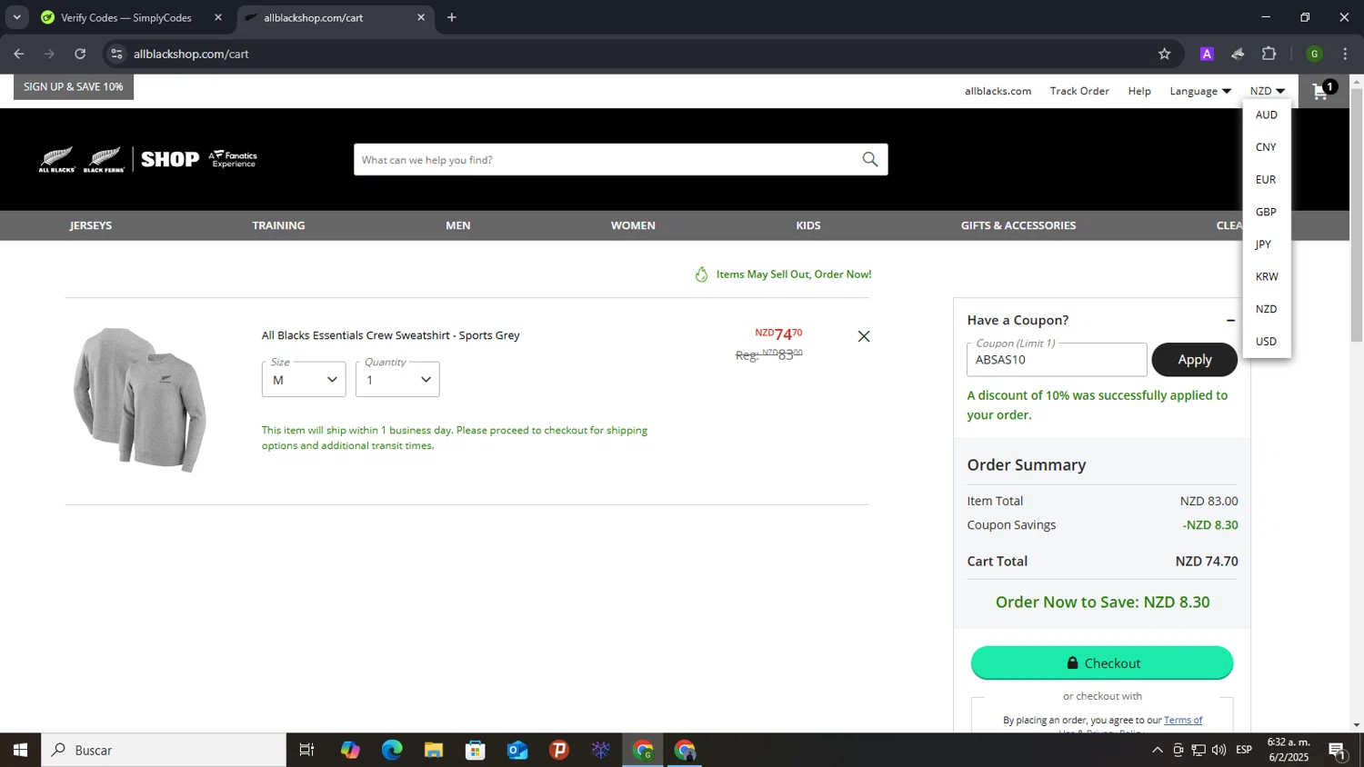 All Blacks Online Store promo code screenshot showing code ABSAS10 applied at All Blacks Online Store checkout page. Uploaded by SimplyCodes community member Morrachida04 on Feb 6, 2025