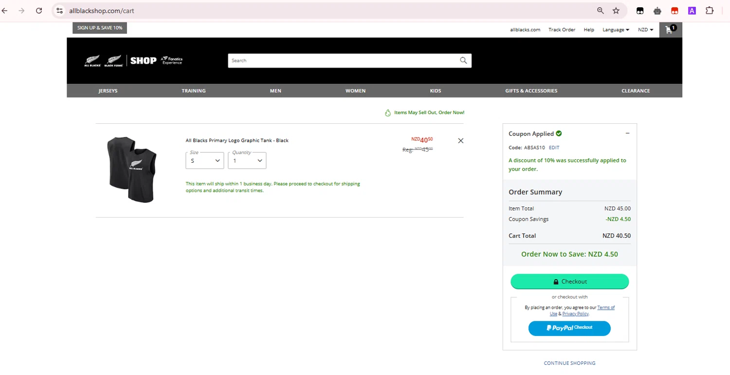 All Blacks Online Store promo code screenshot showing code ABSAS10 applied at All Blacks Online Store checkout page. Uploaded by SimplyCodes community member Teamgorila on Apr 5, 2025