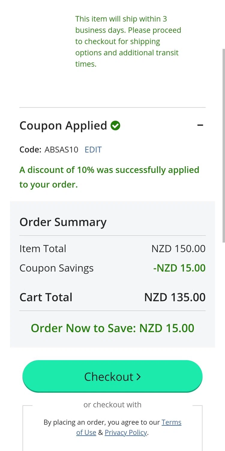 All Blacks Online Store promo code screenshot showing code ABSAS10 applied at All Blacks Online Store checkout page. Uploaded by SimplyCodes community member jhonaikellgonzalez on Mar 7, 2025