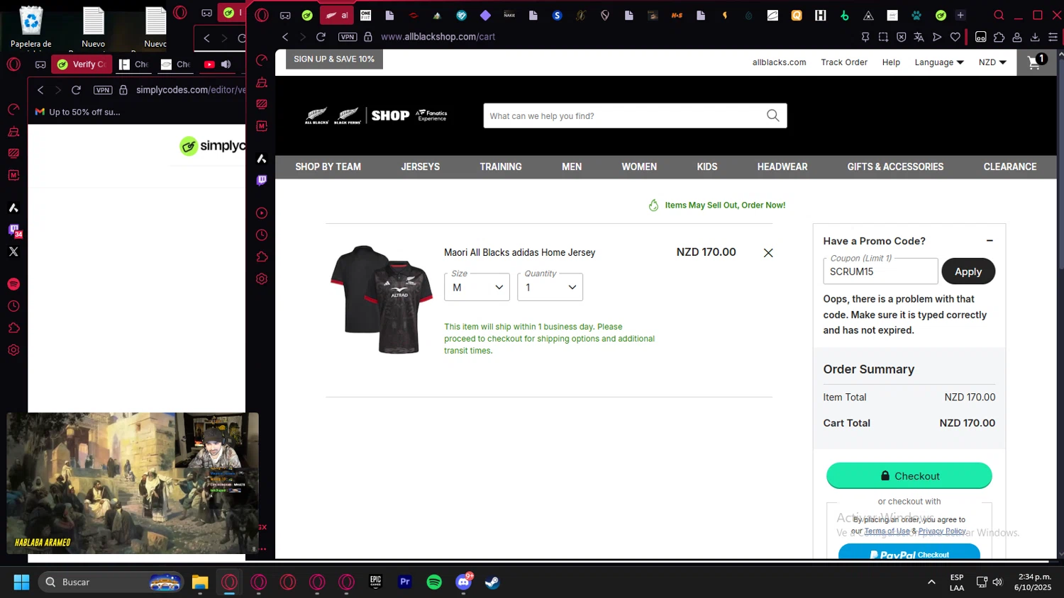 All Blacks Online Store promo code screenshot showing code SCRUM15 applied at All Blacks Online Store checkout page. Uploaded by SimplyCodes community member Billyyou on Oct 6, 2025