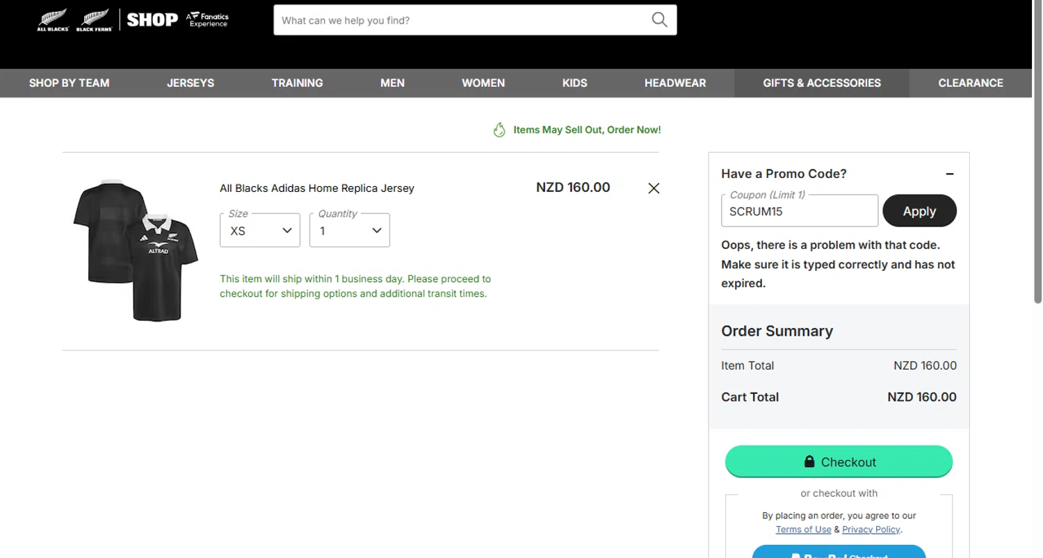 All Blacks Online Store promo code screenshot showing code SCRUM15 applied at All Blacks Online Store checkout page. Uploaded by SimplyCodes community member BonusDefender8823 on Oct 6, 2025