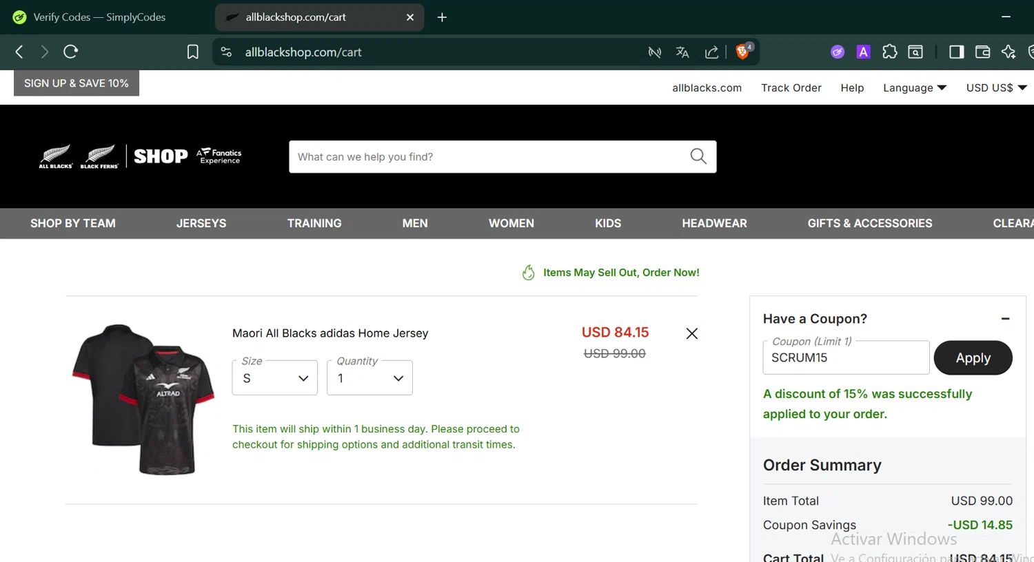All Blacks Online Store checkout page showing All Blacks Online Store promo code box | Screenshot taken by SimplyCodes community member on Sep 25, 2025