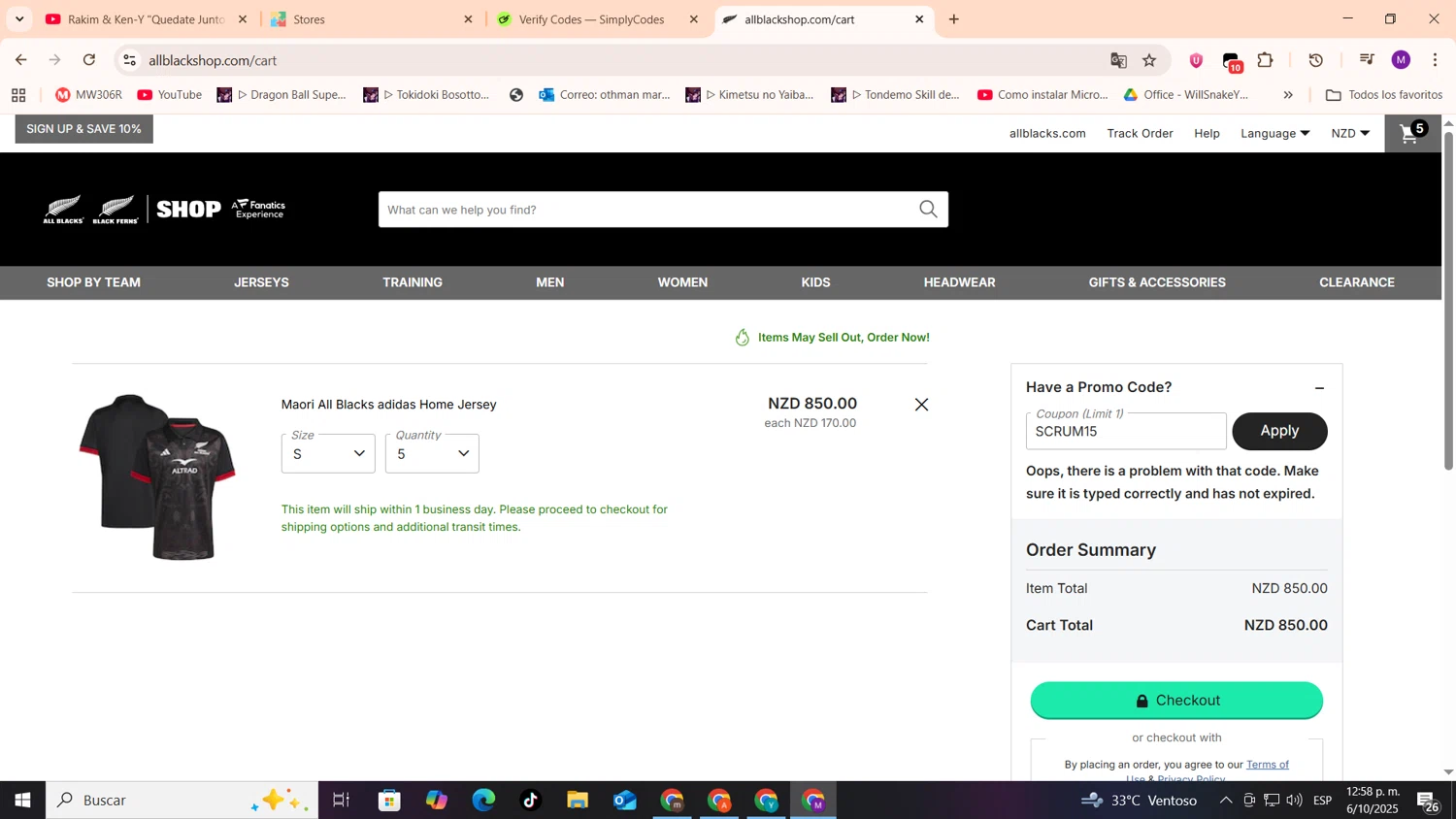 All Blacks Online Store promo code screenshot showing code SCRUM15 applied at All Blacks Online Store checkout page. Uploaded by SimplyCodes community member cod_gakpo on Oct 6, 2025