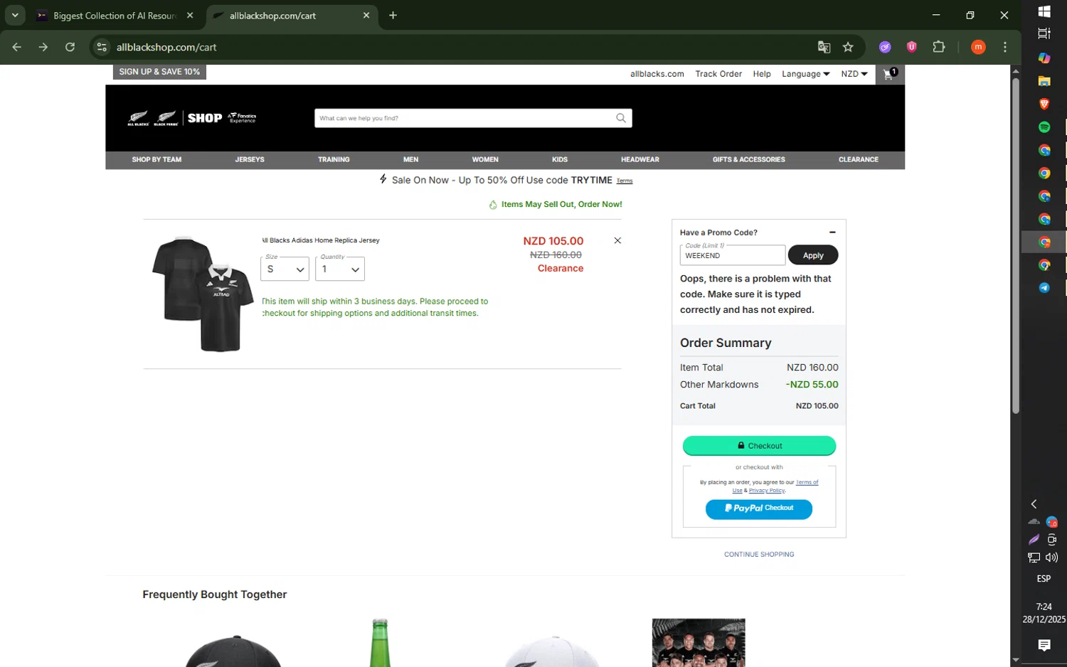 All Blacks Online Store promo code screenshot showing code WEEKEND applied at All Blacks Online Store checkout page. Uploaded by SimplyCodes community member SmartSaver5858 on Dec 28, 2025