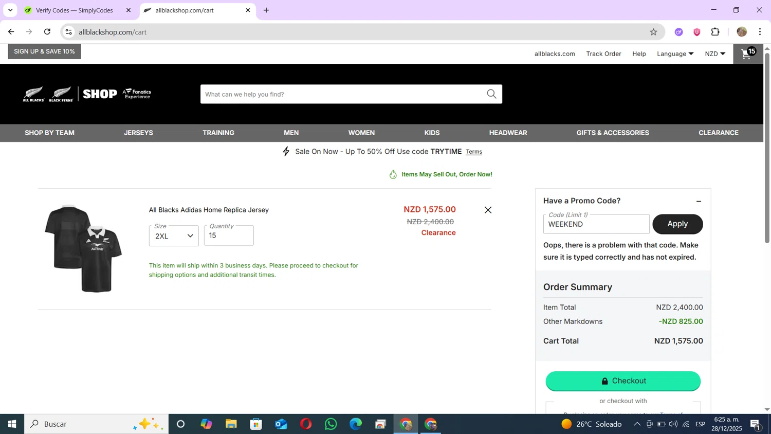 All Blacks Online Store promo code screenshot showing code WEEKEND applied at All Blacks Online Store checkout page. Uploaded by SimplyCodes community member andres100 on Dec 28, 2025