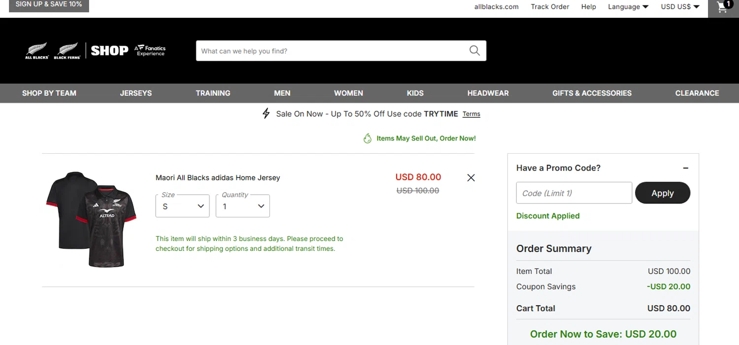 All Blacks Online Store promo code screenshot showing code TRYTIME applied at All Blacks Online Store checkout page. Uploaded by SimplyCodes community member CashAce9852 on Dec 28, 2025
