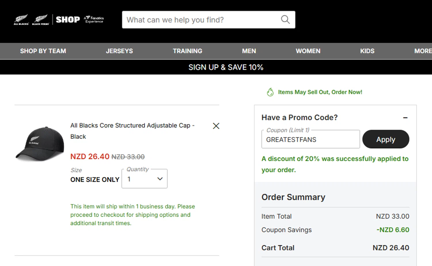 All Blacks Online Store promo code screenshot showing code GREATESTFANS applied at All Blacks Online Store checkout page. Uploaded by SimplyCodes community member ashe1986 on Oct 22, 2025