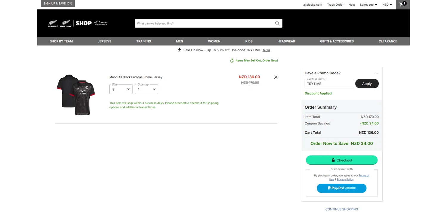 All Blacks Online Store promo code screenshot showing code TRYTIME applied at All Blacks Online Store checkout page. Uploaded by SimplyCodes community member ivantorres on Dec 28, 2025