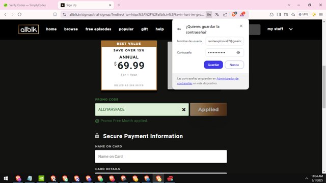 ALLBLK checkout page showing ALLBLK promo code box | Screenshot taken by SimplyCodes community member on Mar 1, 2025
