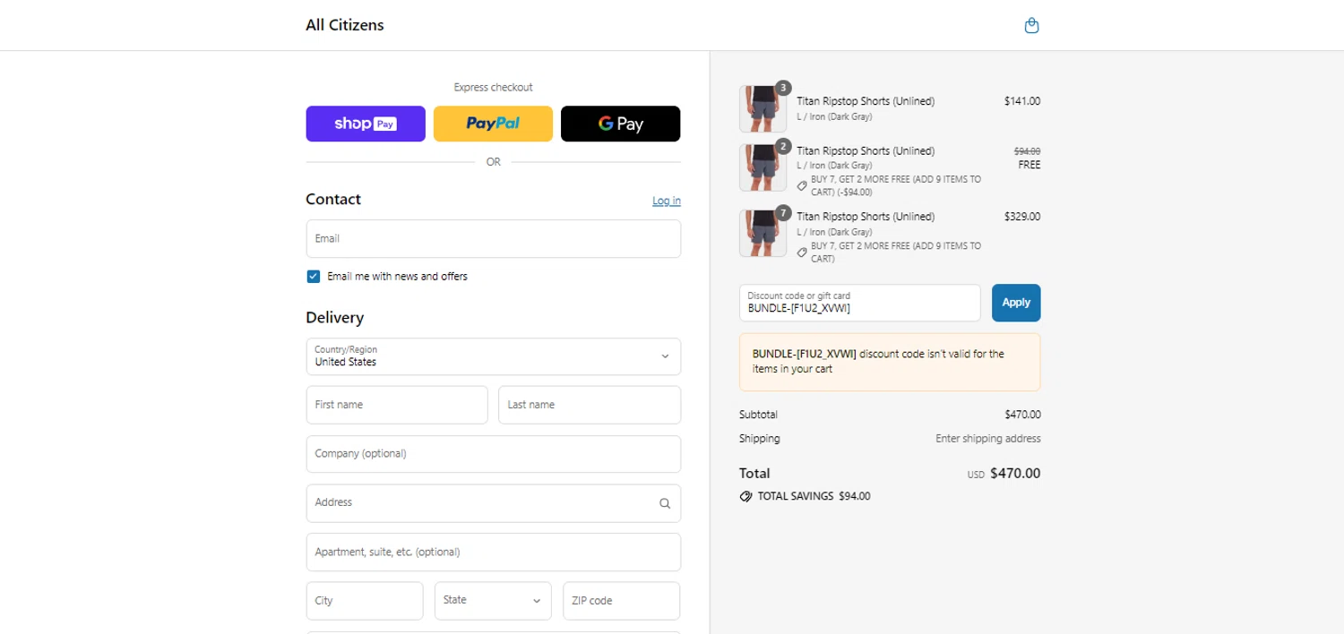 All Citizens discount code screenshot showing code BUNDLE-[F1U2_XVWI] applied at All Citizens checkout page. Uploaded by SimplyCodes community member alpha007 on Aug 11, 2025