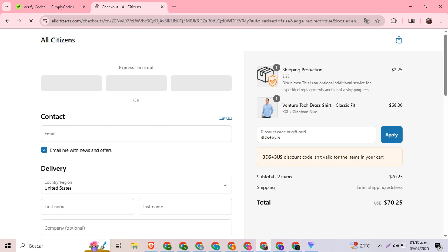 All Citizens discount code screenshot showing code 3DS+3US applied at All Citizens checkout page. Uploaded by SimplyCodes community member BargainExpert9390 on May 9, 2025