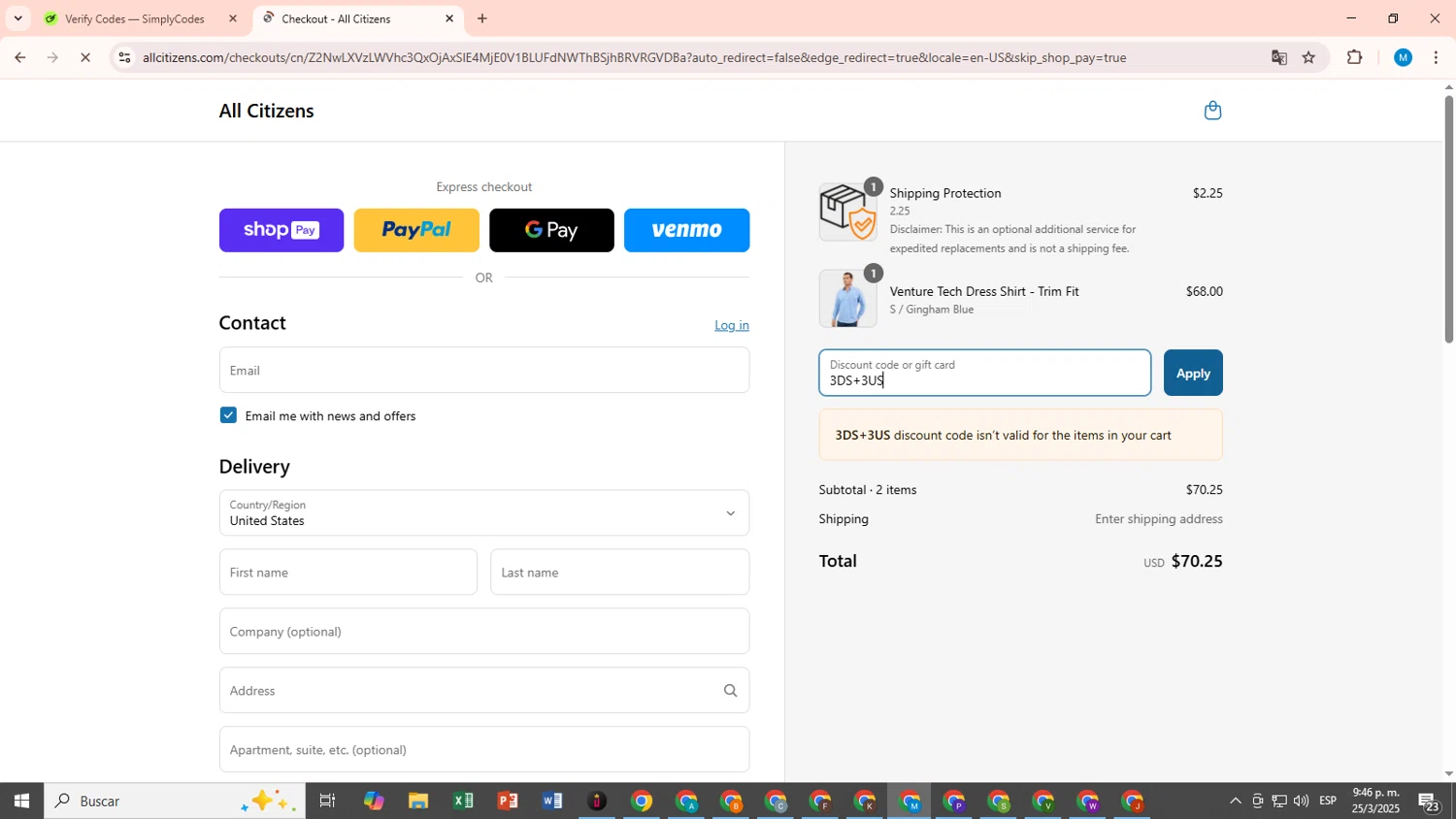All Citizens discount code screenshot showing code 3DS+3US applied at All Citizens checkout page. Uploaded by SimplyCodes community member SaleScout7223 on Mar 26, 2025