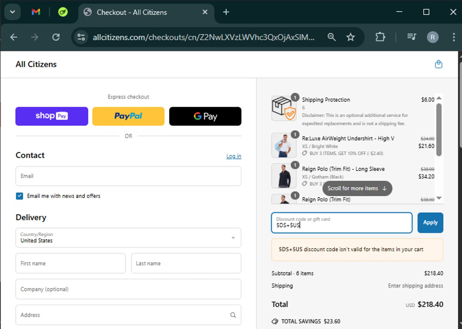 All Citizens discount code screenshot showing code 5DS+5US applied at All Citizens checkout page. Uploaded by SimplyCodes community member PrimeWhiz5416 on Apr 17, 2025