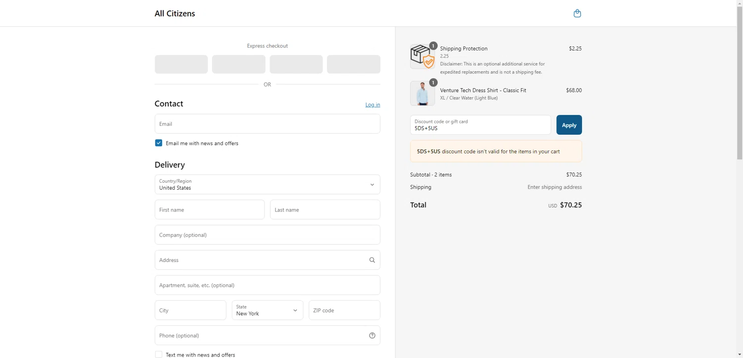All Citizens discount code screenshot showing code 5DS+5US applied at All Citizens checkout page. Uploaded by SimplyCodes community member CleverLynx8583 on May 6, 2025
