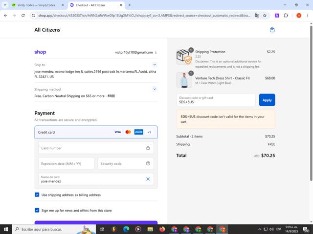 All Citizens checkout page showing All Citizens discount code box | Screenshot taken by SimplyCodes community member on Sep 14, 2025