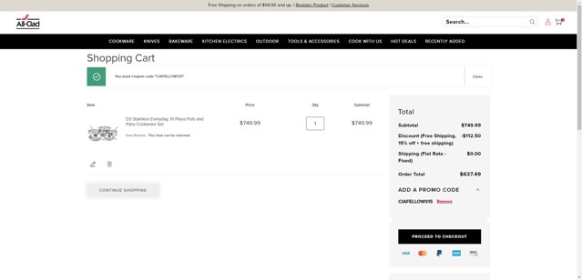 All-Clad checkout page showing All-Clad promo code box | Screenshot taken by SimplyCodes community member on Jul 15, 2025