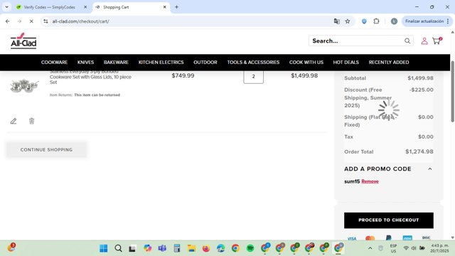 All-Clad checkout page showing All-Clad promo code box | Screenshot taken by SimplyCodes community member on Jul 20, 2025