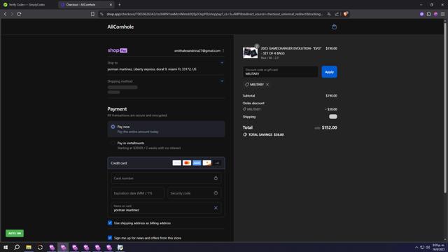 AllCornhole checkout page showing AllCornhole discount code box | Screenshot taken by SimplyCodes community member on Aug 17, 2025