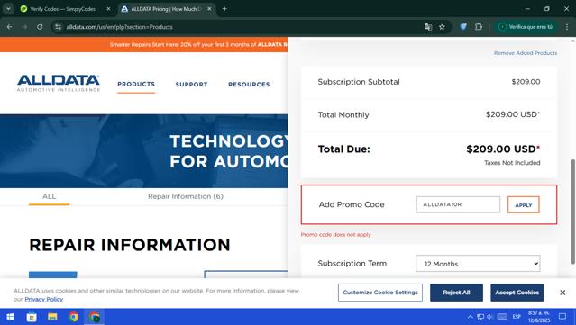 All Data checkout page showing All Data promo code box | Screenshot taken by SimplyCodes community member on Aug 12, 2025