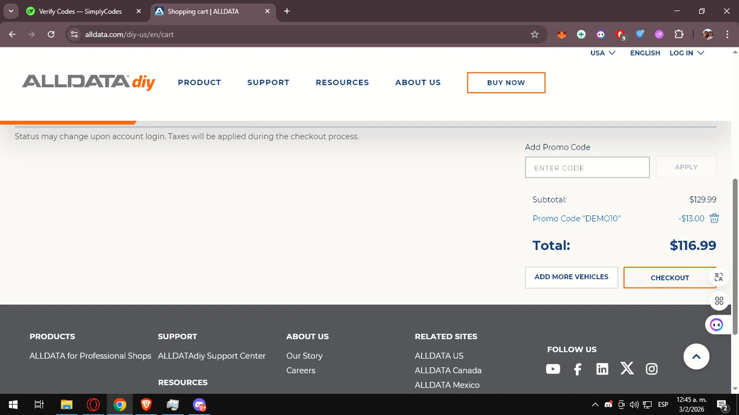 ALLDATA DIY checkout page showing ALLDATA DIY promo code box | Screenshot taken by SimplyCodes community member on Feb 3, 2026