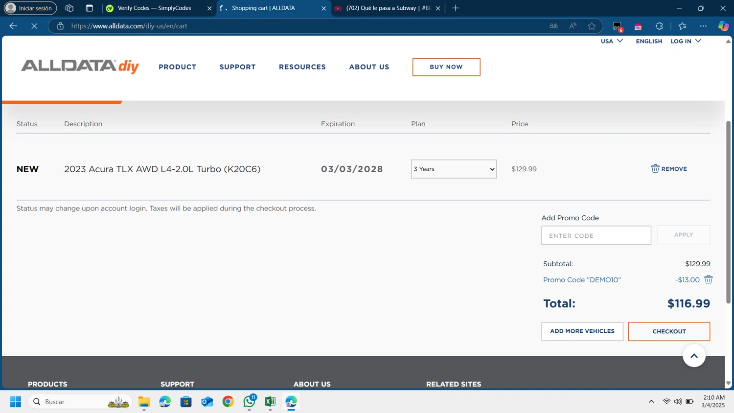 ALLDATA DIY promo code screenshot showing code DEMO10 applied at ALLDATA DIY checkout page. Uploaded by SimplyCodes community member Lamine_Yamal on Mar 4, 2025