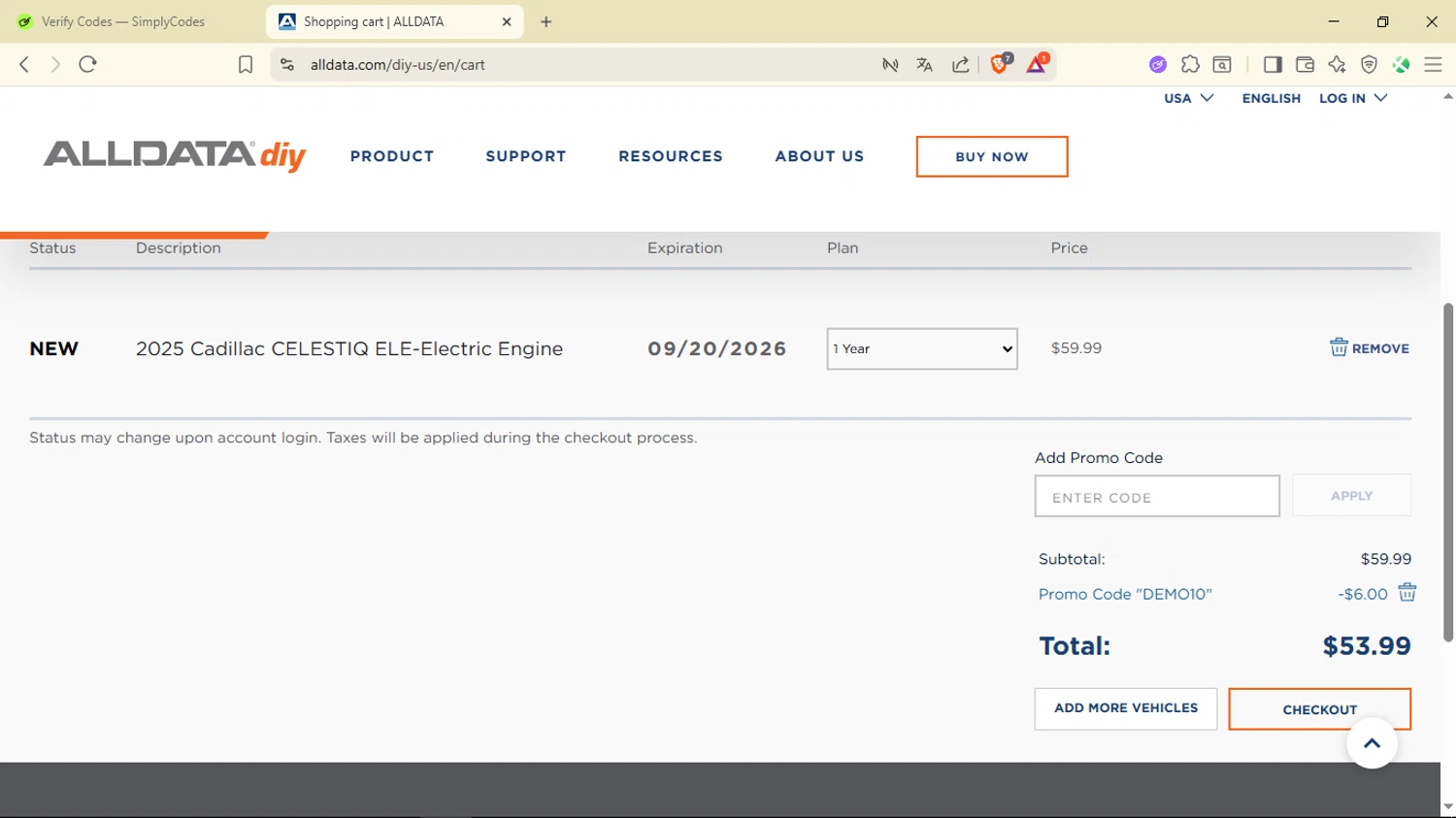 ALLDATA DIY promo code screenshot showing code DEMO10 applied at ALLDATA DIY checkout page. Uploaded by SimplyCodes community member ShieldLegend9691 on Sep 20, 2025
